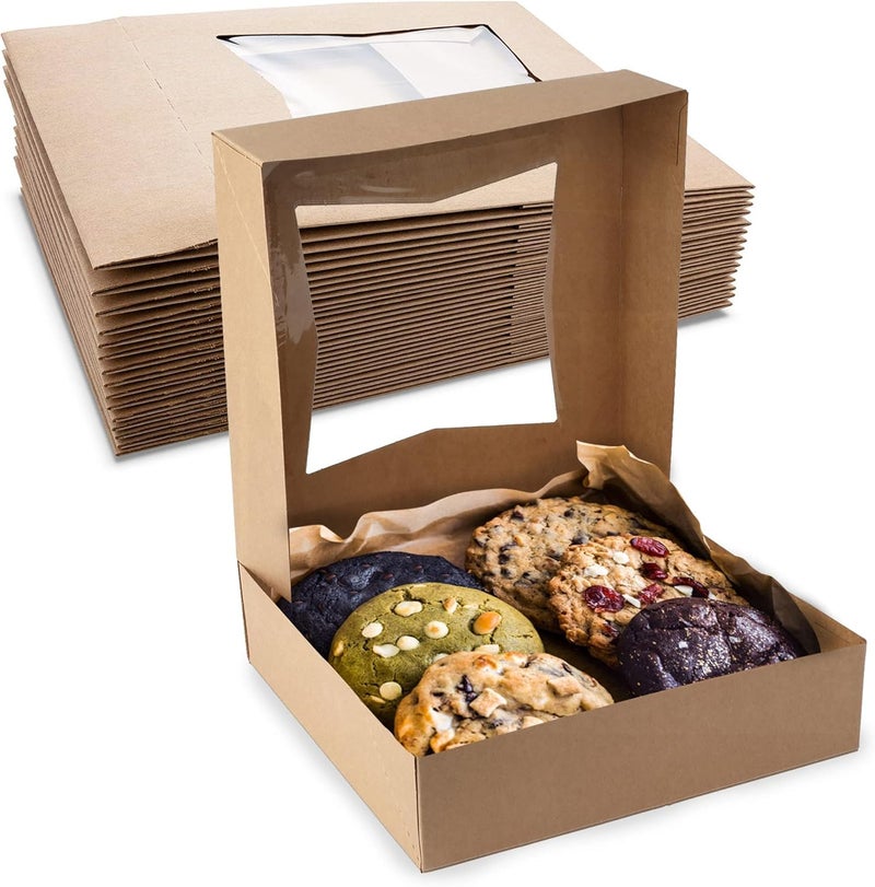MT Products Brown Cookie Boxes 8" x 8" x 2.5" - Auto Pop-Up Bakery Boxes with Window (Pack of 25) - Made in the USA - Image 1
